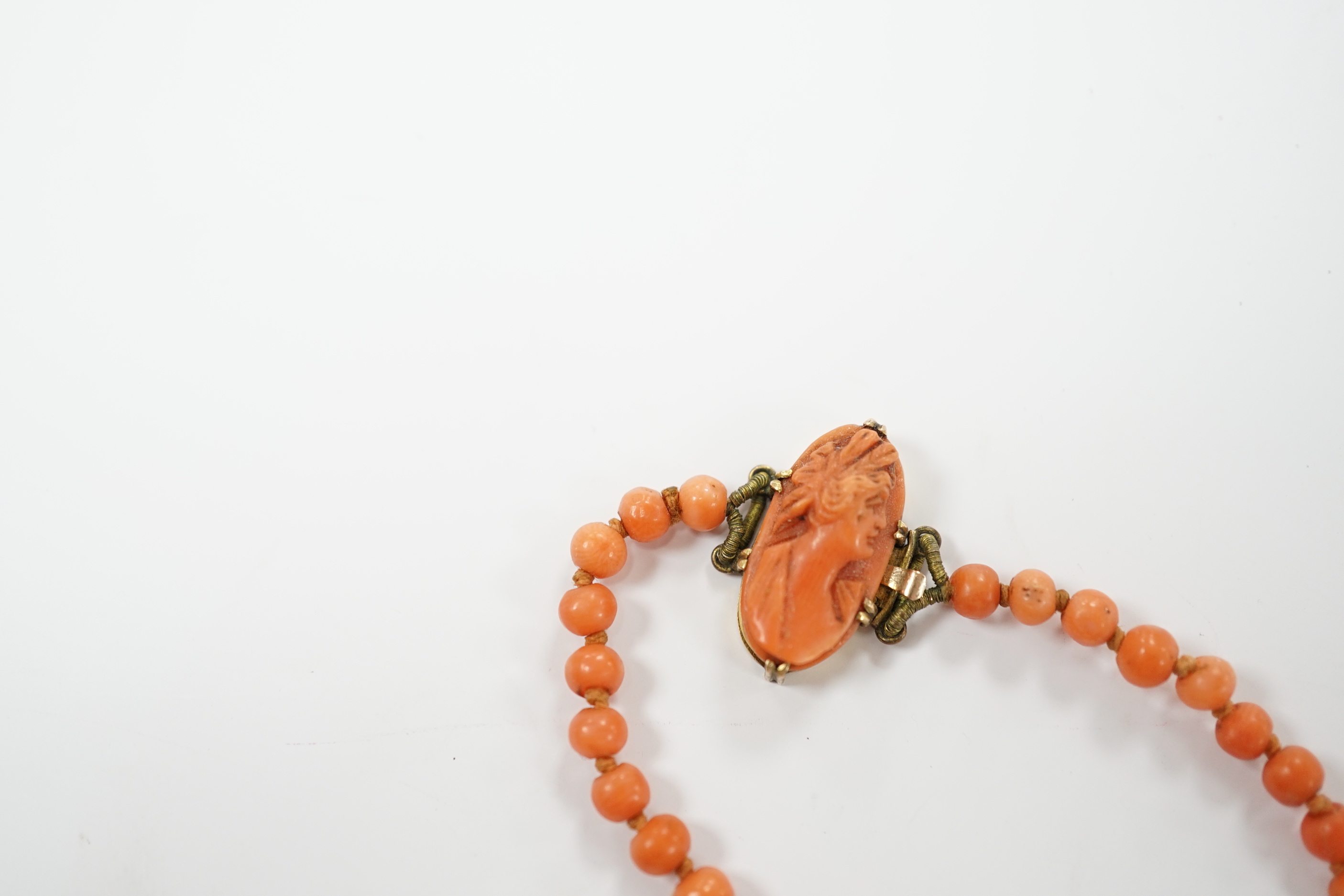 A single strand graduated coral bead necklace, with carved coral set yellow metal clasp, 52cm, gross weight 23.9 grams.